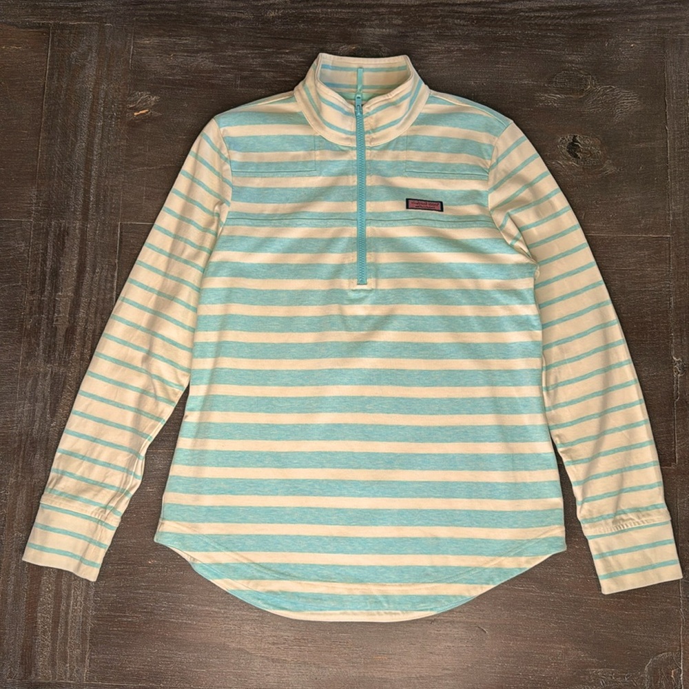 Vineyard Vines Sweatshirt Women's S Small 1/2 Zip Light Blue White Striped Whale